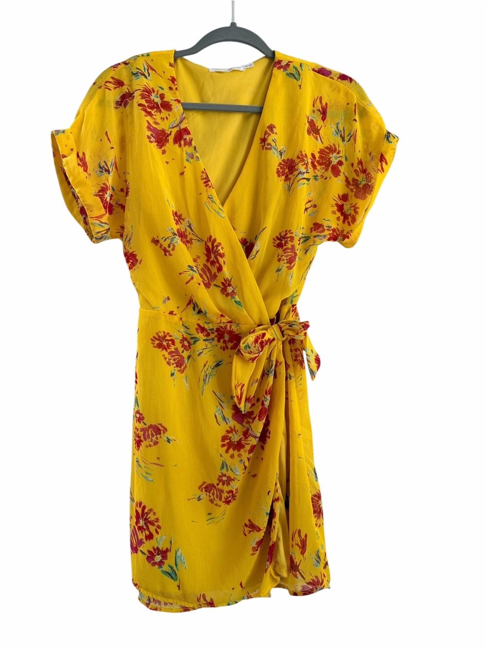 All in Favor Yellow Floral Wrap Summer Dress with Tie Waist Size XS